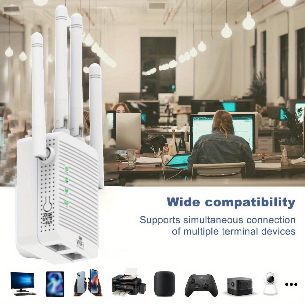 WiFi Range Extender Signal Booster, 300Mbps Wifi Extender for Home, Up to 8500 Sq. Ft Coverage, Supports 105 Devices, 4 External Antennas, Ethernet Port, WiFi Extender for Home & Office Use