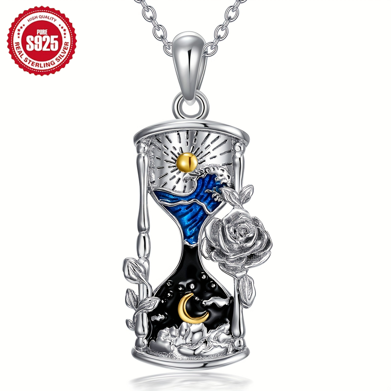 Timer Necklace 925 Sterling Silver Rose Pendant Necklace Time Timer Jewelry Women Gift