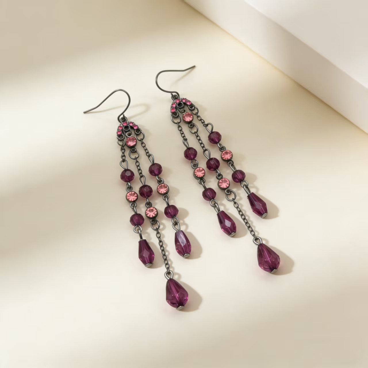 TEMU 1 Pair Of Women's Vintage Bohemian Rhinestone Tassel Earrings - Long Cascading Pink Fringe Pendant Suitable For Daily Wear, Parties, Travel,