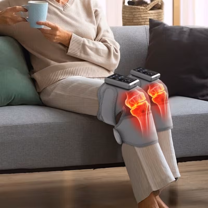 a portable knee massager that offers heating and vibration designed for use on knees elbows and shoulders it adjustable temperature controls and an lcd screen making it leg and knee massages an gift for parents and elderly individuals Product details 3