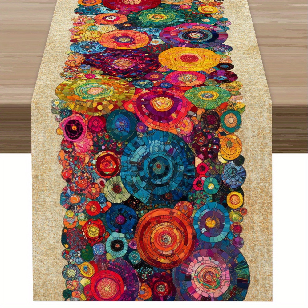 TEMU 1pc Vintage Floral Round Table Runner, Vintage Floral And Circular Pattern Fusion, Exudes Bohemian Nostalgic Charm, Long Print With Delicate