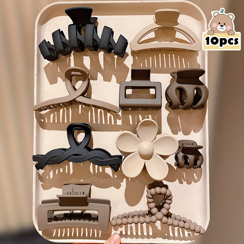 

10pcs Vintage Matte Non-slip Hair Claw Set For Women - Includes Square, , Floral & Pumpkin Shapes - Ideal For Elegant Daily Hairstyles & Bun , Large Plastic In Assorted Colors, , Hair Accessories