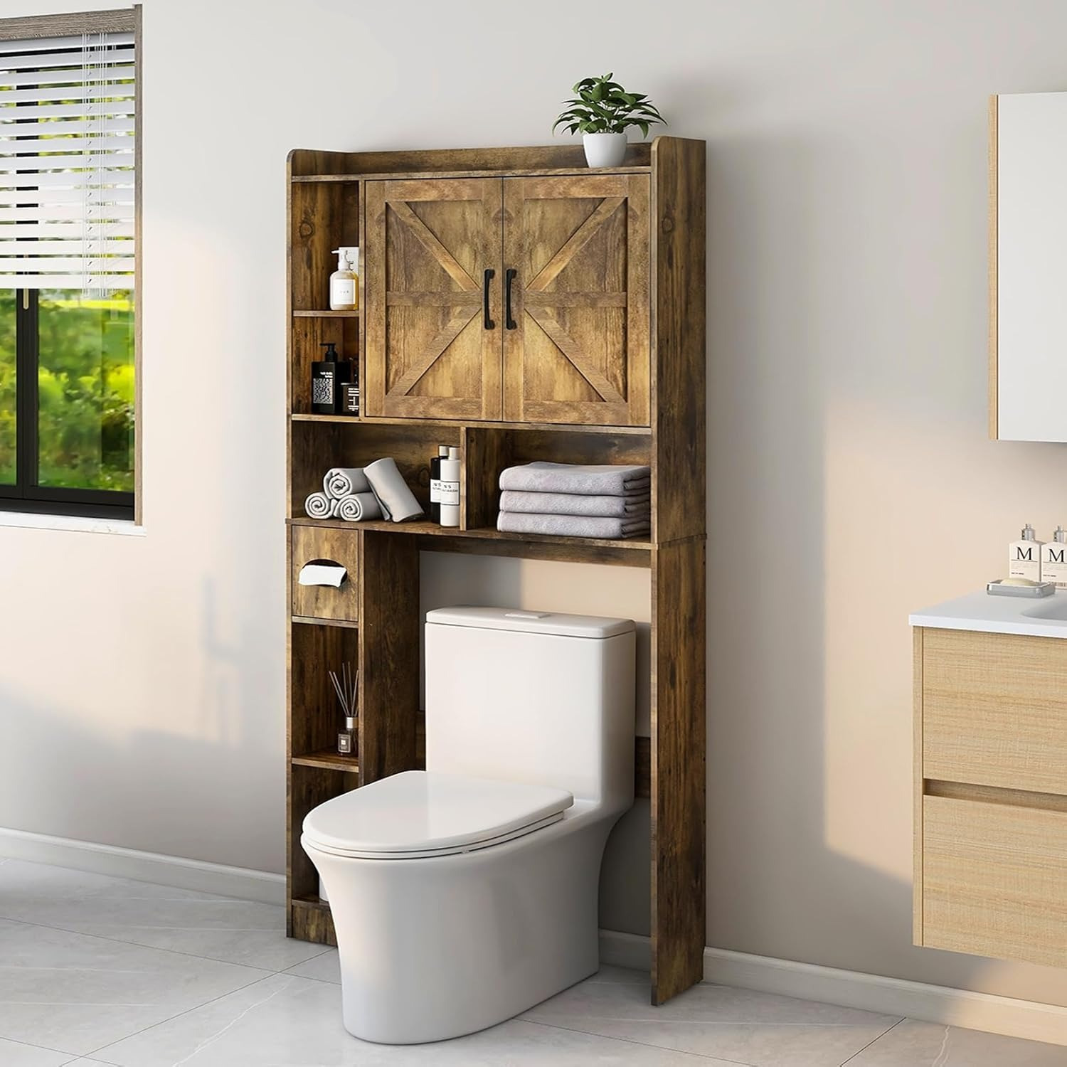 TEMU Meuble de rangement à suspendre au-dessus des toilettes avec 2 portes de et support porte-rouleau de papier toilette - de place / Contreplaqué -