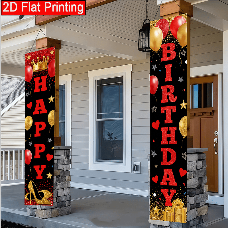 TEMU Bannière de Fête d'Anniversaire 2D Plate, 2D Plate 2pcs Noir et Rouge avec Couronne de Ballons Talons Hauts Dorés Conçue pour Femmes Drapeau
