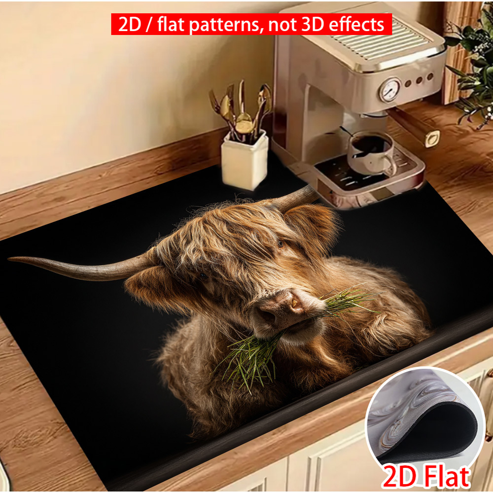 TEMU Große Herdmatte mit 2D-Flachdruck einer schottischen Hochlandkuh, hitzebeständig und rutschfest. Diese Matte mit einem schwarzen und braunen