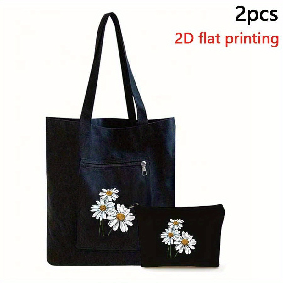 TEMU 2pcs Floral Print Tote Bags - Large Capacity, Casual Shoulder Handbags With Zipper Closure, Perfect For Travel, , And Shopping, Includes Small