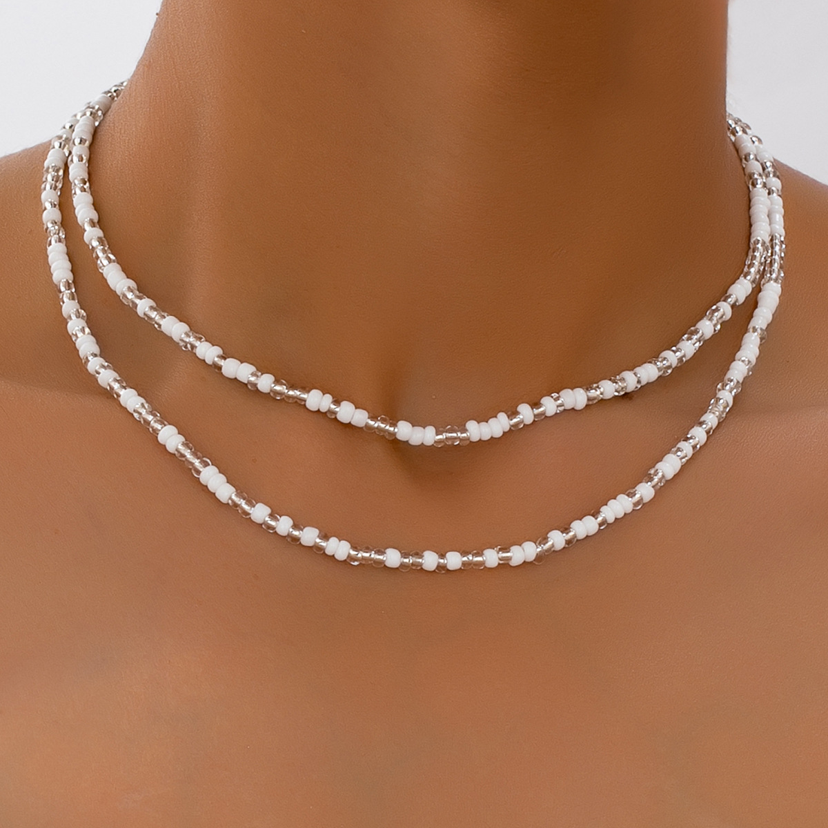 2pcs Summer White Transparent Round Bead Necklace, Bohemian Transparent Bead Multi-strand Stacked Neck Chain, Women's Fashion Chain Necklace, Glass Material, Summer Beach Vacation, Summer Necklace