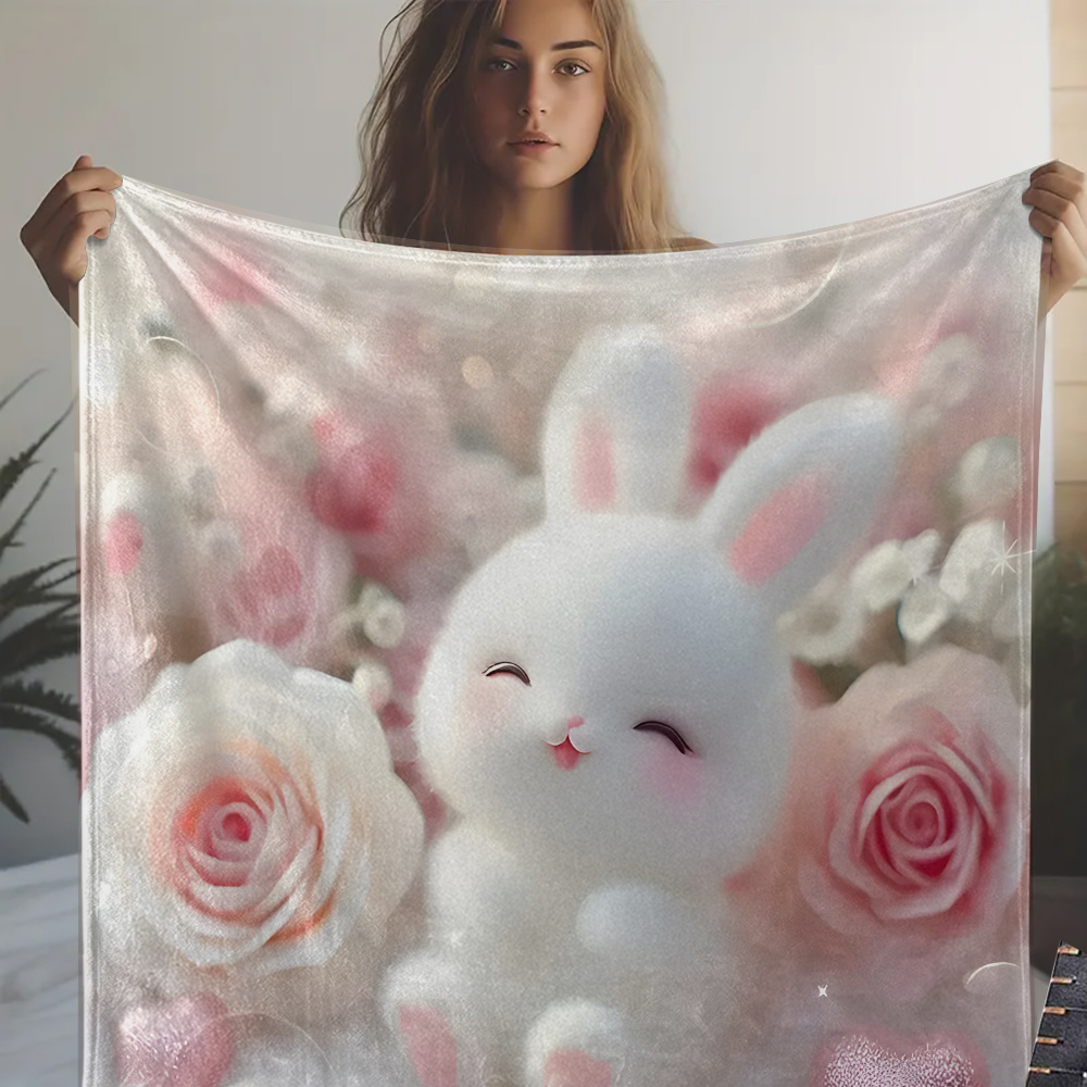 Soft Pink Rabbit Pattern Printed Portable Blanket for Travel