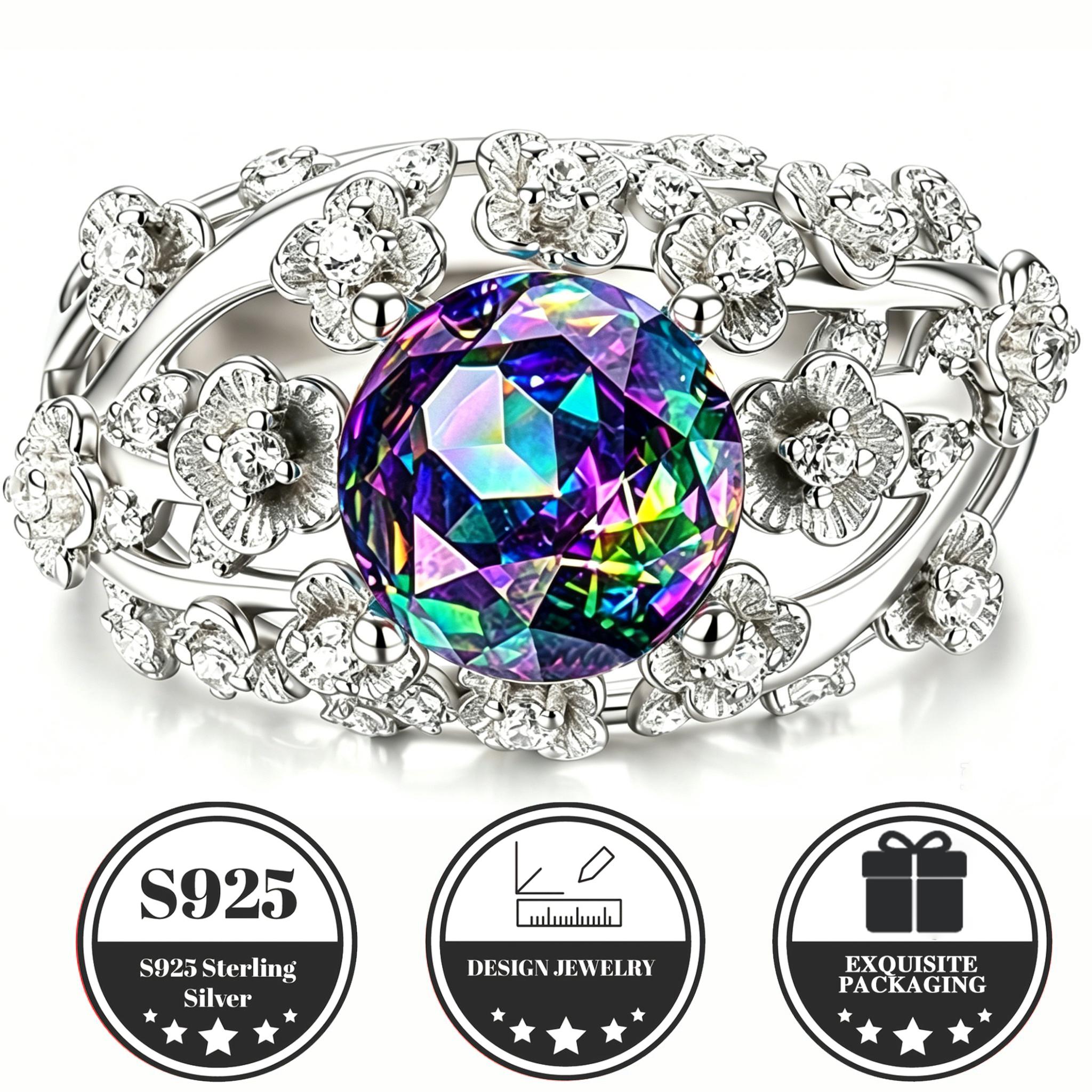 Image of S925 925 Silver Hollow Flower Full Pave Cubic Synthetic Zircon​ Ring For Teenager, Round Main Stone, Sweet , For Daily Date Party , Valentine's Day Birthday Anniversary Gift For Girlfriend Wife Friend