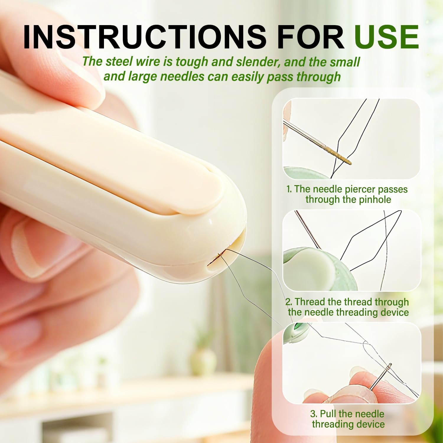a 2 in 1 threading and seam   tool featuring an automatic needle threader with a storage compartment for sewing needles designed for hand sewing and embroidery Product details 1