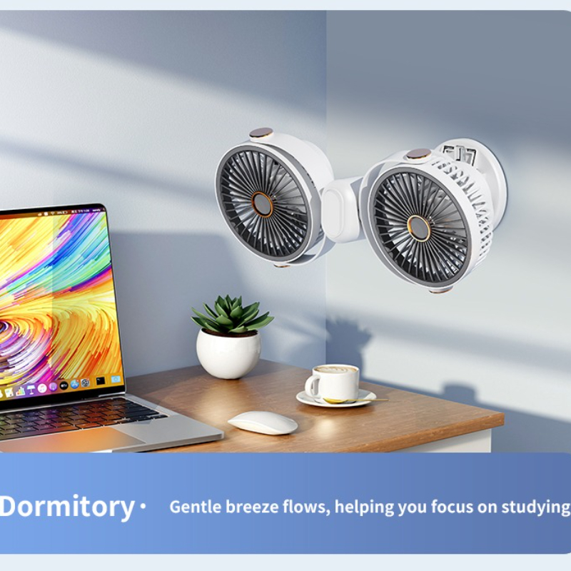 A Dual-Head Fan with Independent Control That Can Be Clipped, Hung, Stood, Or Suspended, Featuring Five Speed Settings That Can Be Switched with a Single Button. It Makes a Perfect Gift for Family, Friends, And Colleagues, Suitable for Housewarming