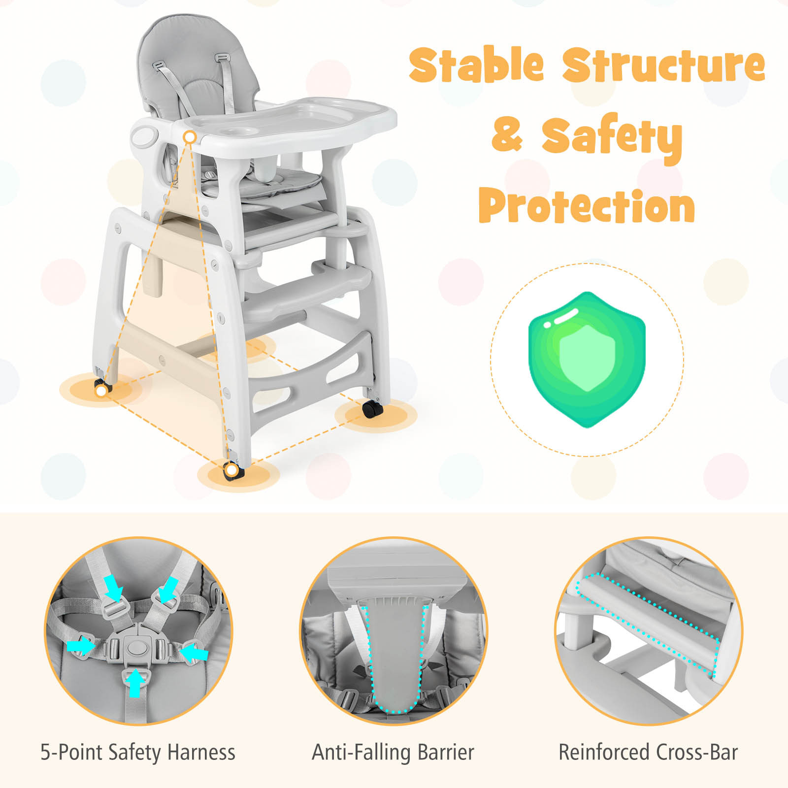 LIFEZEAL 3-in-1 Convertible Feeding Rocking Chair High Chair Table Set, Heavy-Duty 300lb Capacity with Booster Seat & Removable Tray, Adjustable Height, 5-Point Harness, Foldable Design, 360° Swivel, Safety Lock & Non-Slip Base, BPA-Free - Image 6