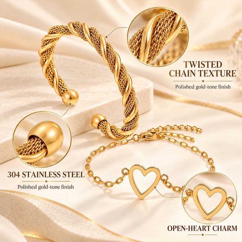 2pc Women's Stainless Steel Bracelet Set, Heart Chain & Twisted Bangle