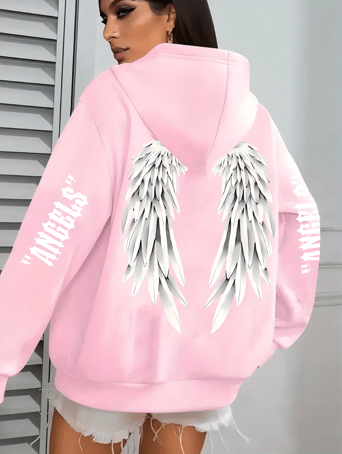womens pink hoodie angel wings print stylish long sleeve zip