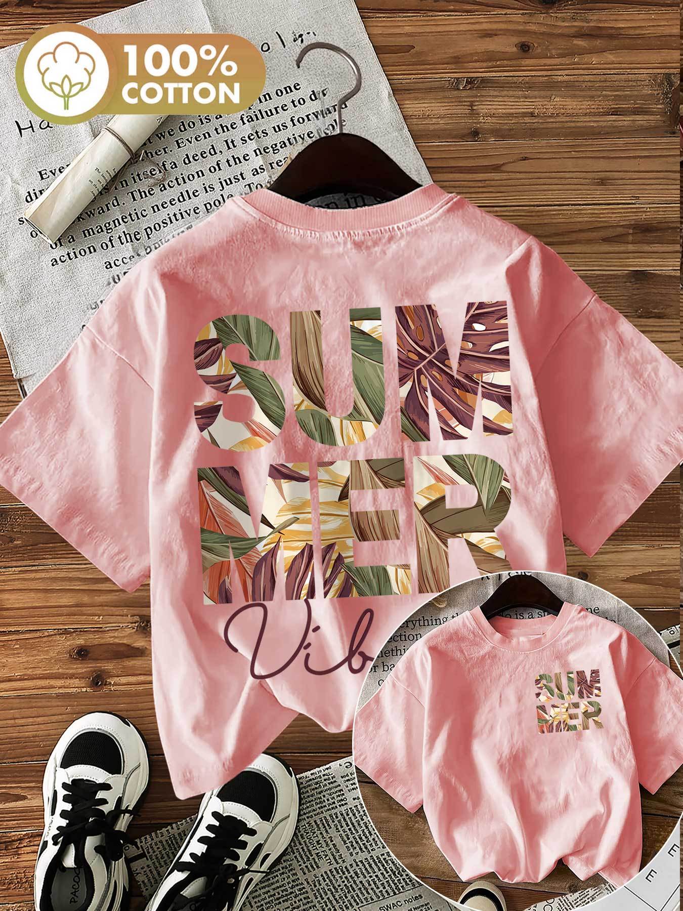 summer   printed round neck short sleeve t shirt for women featuring a tropical plant and leaf design on  