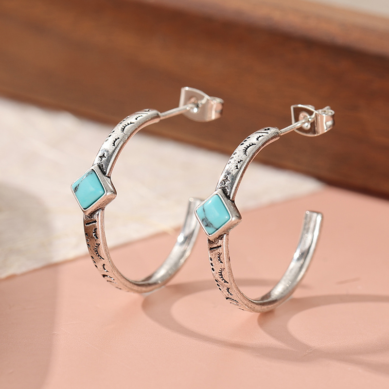 E-shop Boho Style Vintage Muster Loop Ohrringe Mode Synthetische Türkis Loop Ohrringe für Damen Schmuck Hochzeit Verlobung Ohrringe Feiertags Party