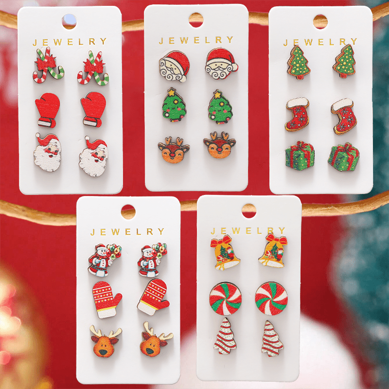 TEMU 15 Pairs Christmas Cartoon Santa Reindeer Snowman Stud Earrings Christmas Party Striped Christmas Tree Candy Cane Light Bulb Bell Stocking Ear