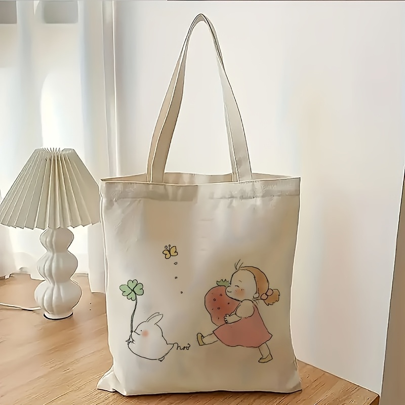 TEMU 1pc 2d Flat Printing, Cute Strawberry And Strawberry Anime Tote Bag - Durable Canvas Large Capacity Backpack, Fade-resistant And Foldable