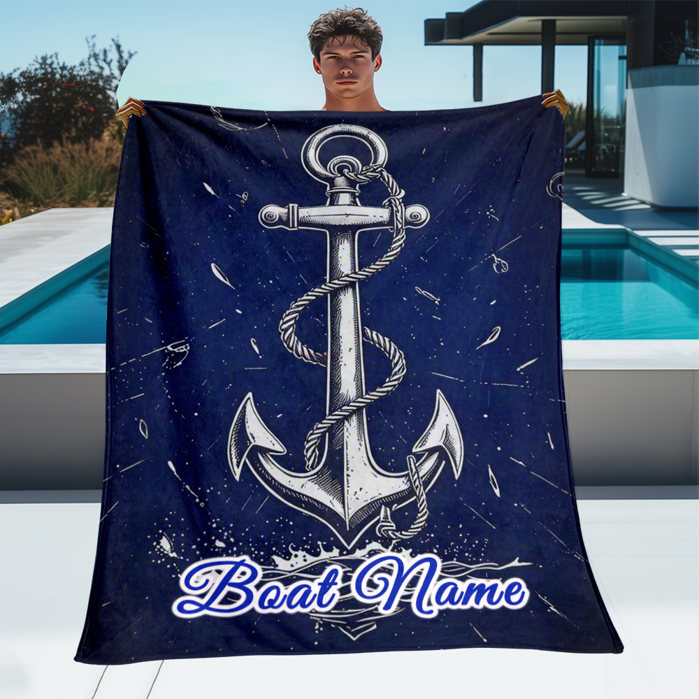 

Customizable Nautical Anchor Throw Blanket, Print Flannel, Soft, Warm, Lightweight, Tear-resistant, Polyester, With Personalized Boat Name, For Sofa, Bed, Travel, Camping, Office - Knitted Throw