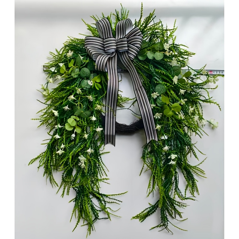 TEMU 17.72in Forest-style Vine Striped Bow Decorative Wreath, Vintage Entrance Door Decoration, Wall Decoration Floral Hanging Ornament