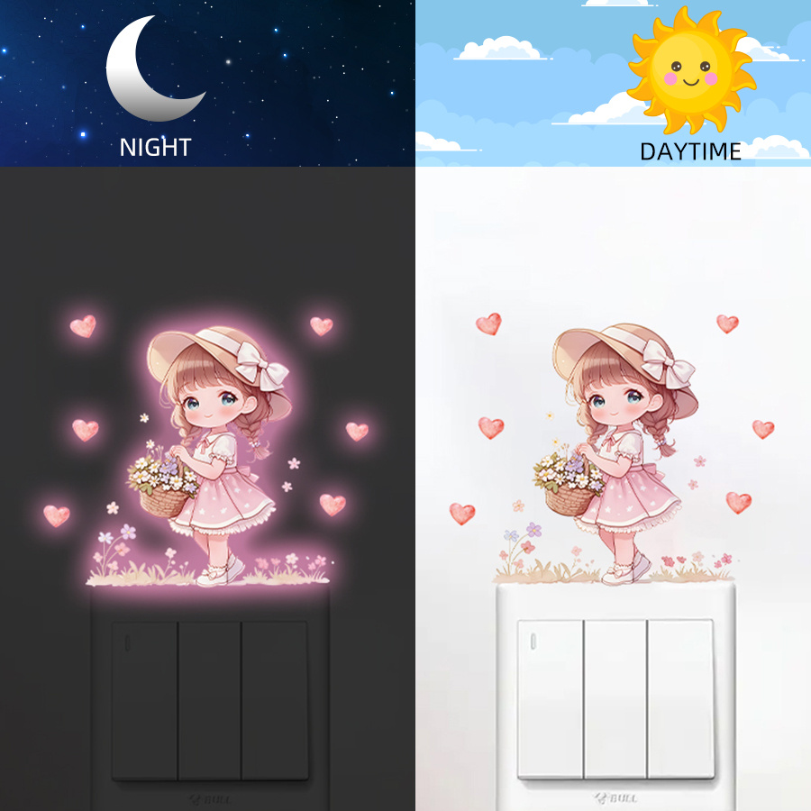 1 Sheet Of Pink Glowing Sticker, Cute Girl Switch Sticker - Pvc Self-adhesive Removable Sticker, Suitable For Bedroom/entrance/living Room/classroom//wall Decoration/home Aesthetics & Gift