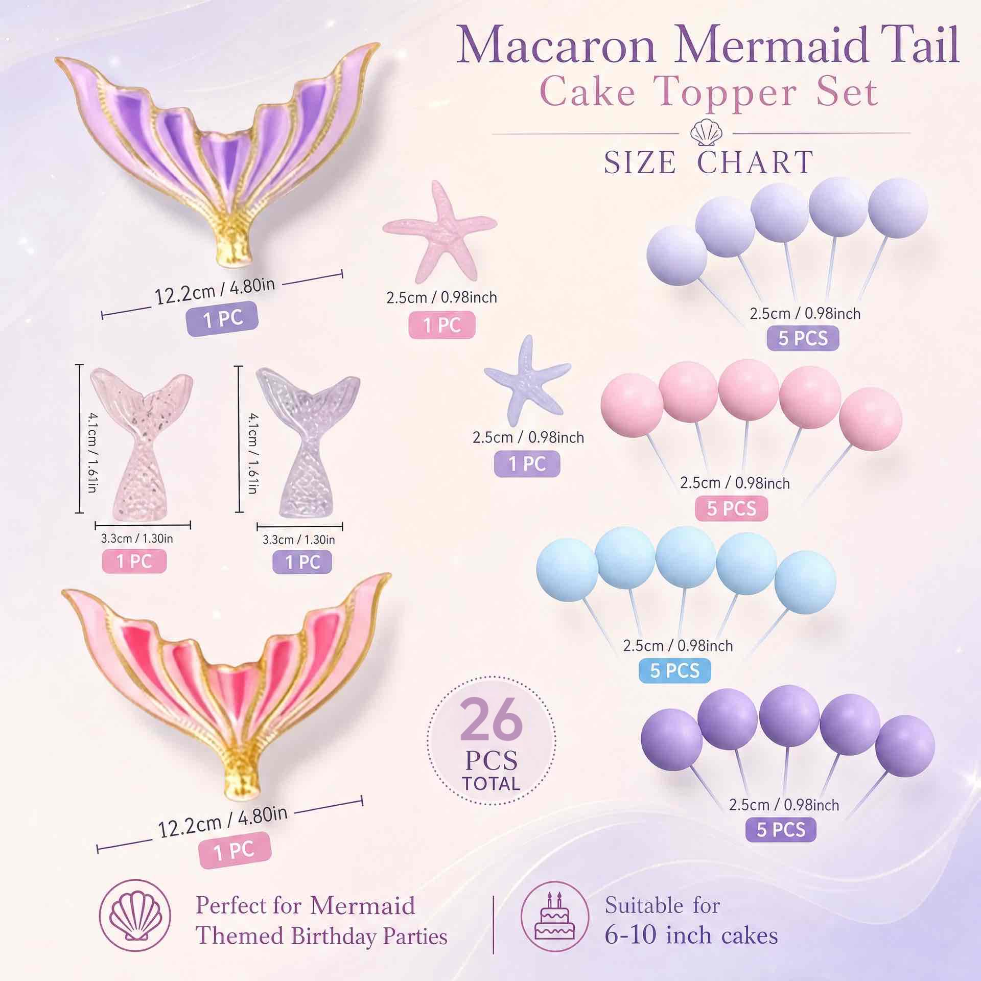 TEMU 26pcs Mermaid Cake Decoration Set, Blue Ball Cake Toppers, Underwater Ocean Birthday Decorations With Mermaid Tail And Starfish Picks, Perfect