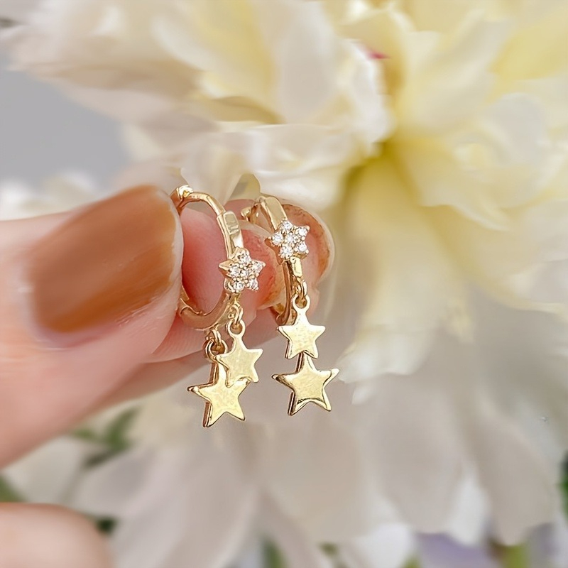 TEMU Light Luxury Commuting Style | Inlaid Synthetic Zirconia Star Pendant Earrings: Set Against The Skin To Enhance Temperament, The Star Pendant Is