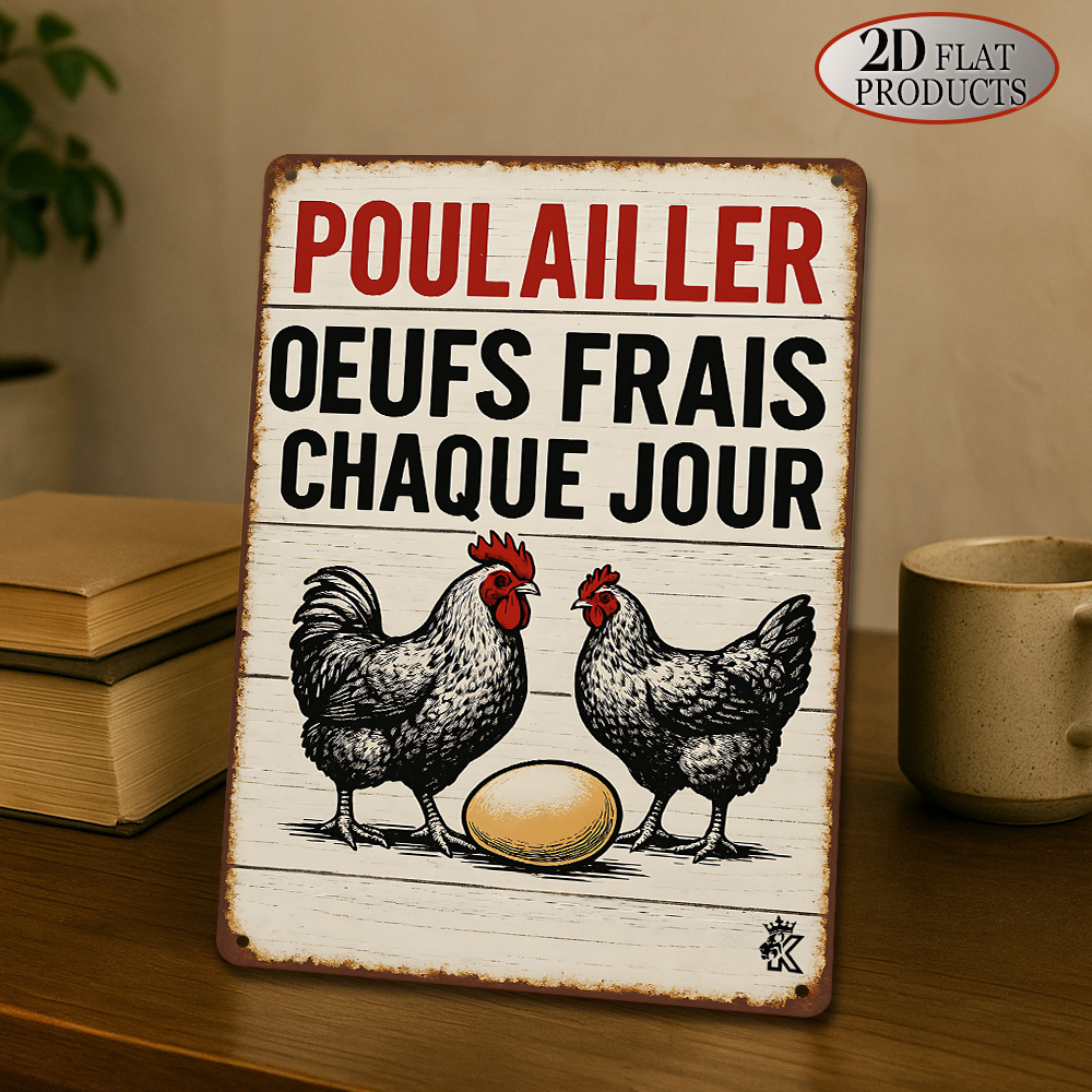 TEMU Plaque Métallique 2D Plate - Une Plaque Métallique Plate 2D sur le Thème d'une Ferme de Française, Représentant des Poules et des Œufs. Cette