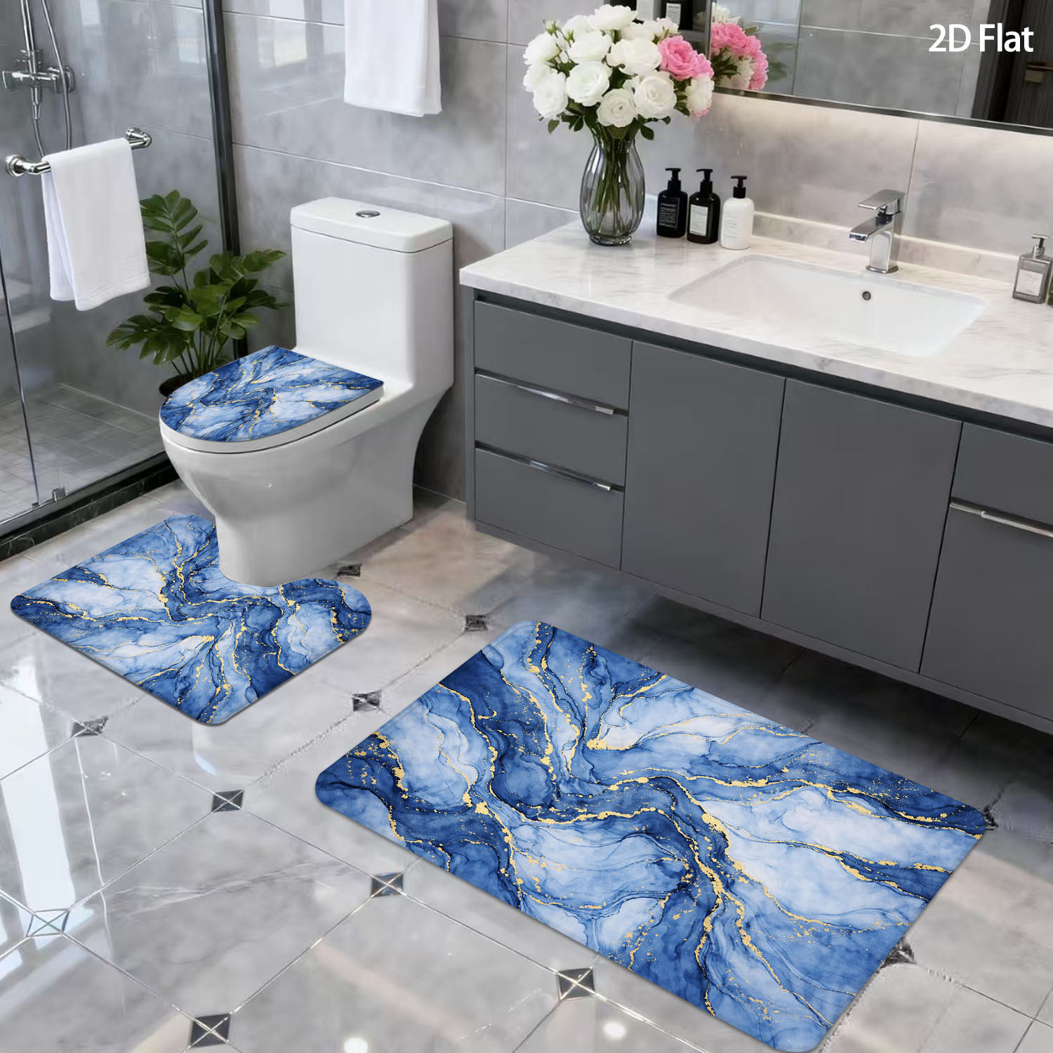 TEMU 2d Flat 3/4pcs Bathroom Anti-slip Mat Set, Azure Gilded Wave, Home Decor Shower Room Entrance Absorbent Floor Mat, Household Soft Thickened