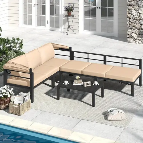 patio furniture set with retractable canopy 2 adjustable backrests sectional sofa conversation set metal outdoor patio furniture set with coffee table for backyard garden poolside beige