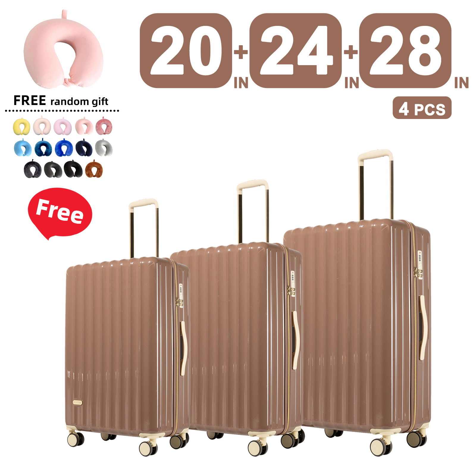 Image of 4pcs Trendy Macaron Lightweight Pc Hard Luggage Set With 360° Spinner Wheels & Combination Locks - Airline Carry-on Suitable For 20/24/28-inch Suitcases + Free U-shaped Neck Pillow ( Options)