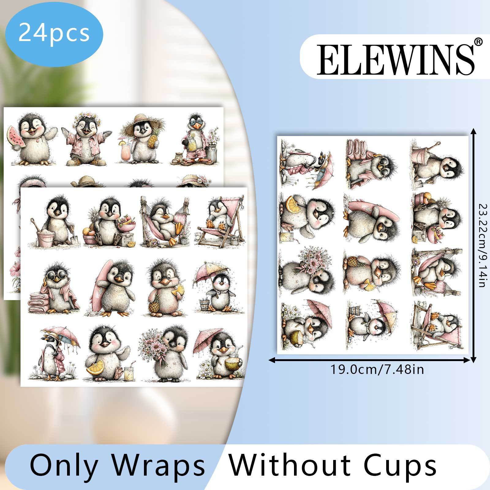 TEMU Uv Dtf Cup Wrap Transfer - 24 Sheets Whimsical Summer Penguin Uv Dtf Cup Wraps For Mug Glass Cups Water Bottle, Waterproof And Scratch Resistant
