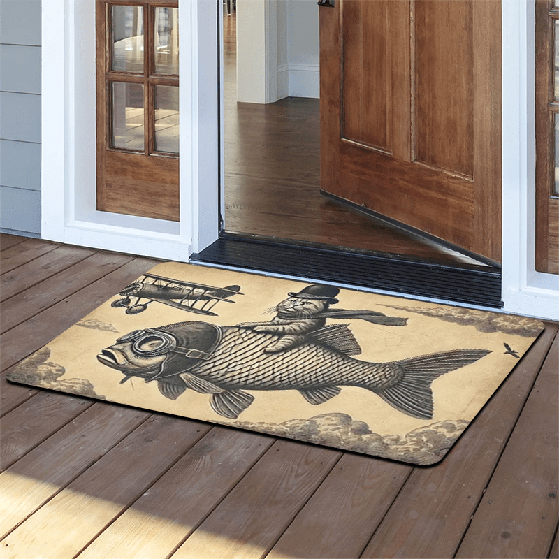TEMU Retro Flying Fish And Cat Patterned Doormat - Non-slip, Machine Washable, Abstract Rug, Suitable For , Bathrooms, Living Rooms, Laundry Rooms,
