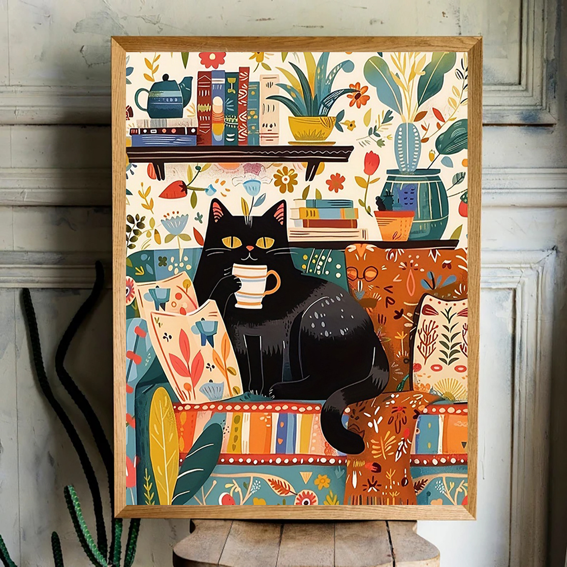 

Whimsical Black Cat Canvas Art Poster – Vibrant Cartoon-style Wall Decor With Cozy Armchair Scene, Unframed 12x16 Inch, Home, Office, Or Café, Cat Decor, Room Decor