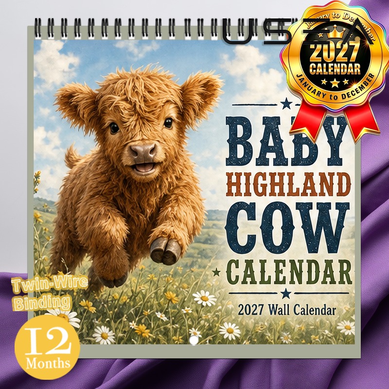 TEMU 2027 Wall Calendar 2027 Baby Highland Cow Wall Calendar, 12-month Monthly Planner With Twin Wire Spiral Binding, 8.3x8.3 Inch Square Calendar,