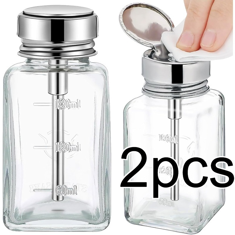 TEMU 2-pack Transparent 60oz/180ml Glass Pump Bottle Set, Designed For Dispensing Liquids, Square Design, Ideal For Storing Nail Polish Remover,