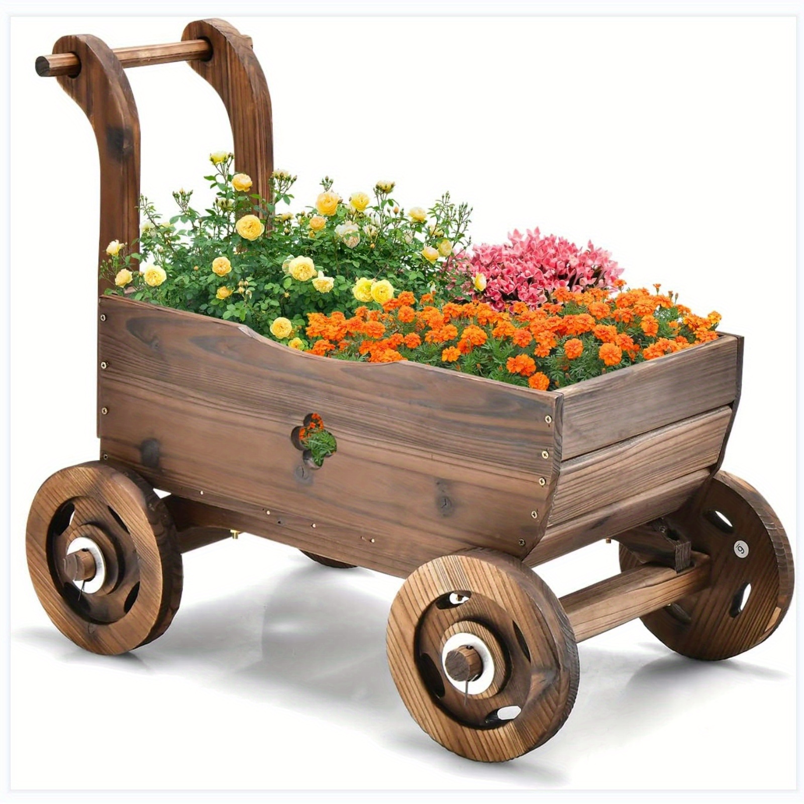 Image of Planter Box With Wheels, Handle, Drainage Hole, Decorative Wagon Cart, Rustic Flowerpot Planter, Rolling Flower Planter Pot Stand, Indoor & Outdoor Patio Garden Balcony Decor