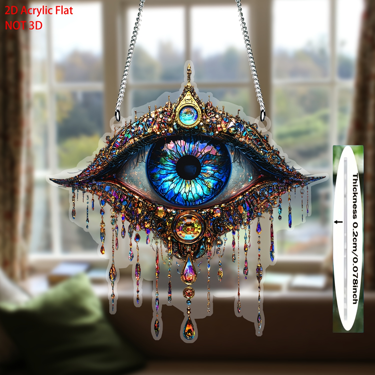 E-shop 2D-Flach, 2D-Flach Böser Wanddekor – 2D-Flach Acryl im böhmischen Stil mit farbigen Edelsteinen & Kettendesign, geeignet für Fenster, Türen