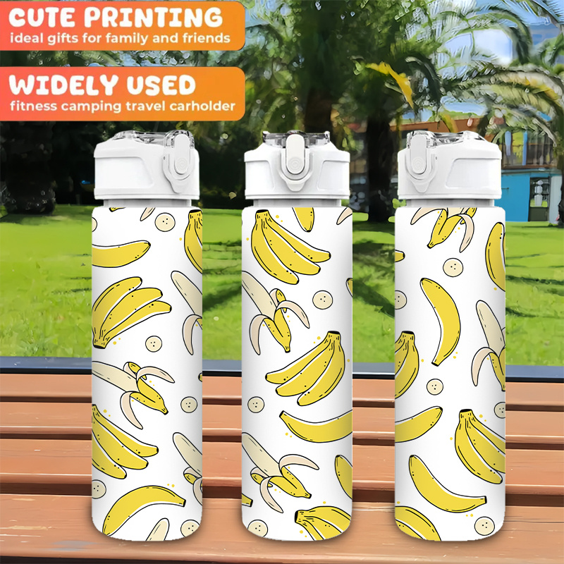 TEMU 1pc Cartoon Banana Pattern, 750ml/26oz Plastic Sports Water Bottle, Cute Printed Design, With Pop-up Lid, Lightweight, Durable, Large Capacity,