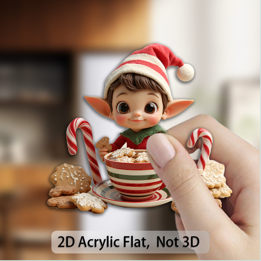 1pz Magnete Elfo & Cioccolata Calda - Adorabile Statuina Natalizia con Bastoncini di Zucchero e Biscotti, Magnete Acrilico per Frigo, Lavagne, Regalo e Decorazioni Natalizie (Elfo con Tazza e Lecca-Lecca a Righe), Design 2D Piatto