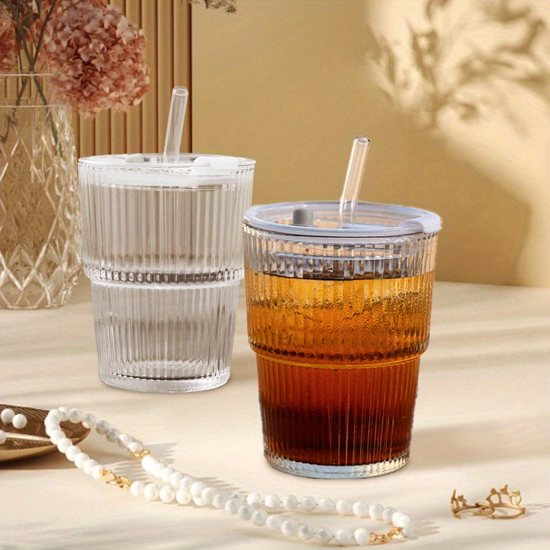 

3-pack Insulated Glass Drinking Cups With Striped Bamboo , 14oz Reusable Glass Coffee Mugs For Home And Office Use, Aesthetic High-quality Glassware For Beverages