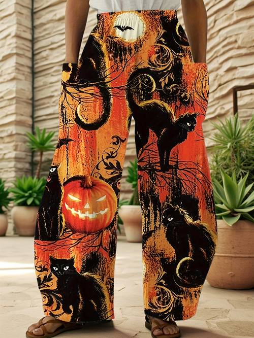 womens halloween themed leggings featuring a full of a black cat bats and pumpkins complete with a pocket loose fit straight leg trousers are perfect for parties casual and themed celebrations