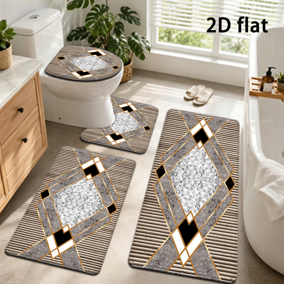 TEMU Plat 2D, Ensemble de tapis de bain abstraits géométriques texturés 2D plat 3 pièces/4 pièces, Tapis de sol moderne, Tapis absorbant et épaissi,
