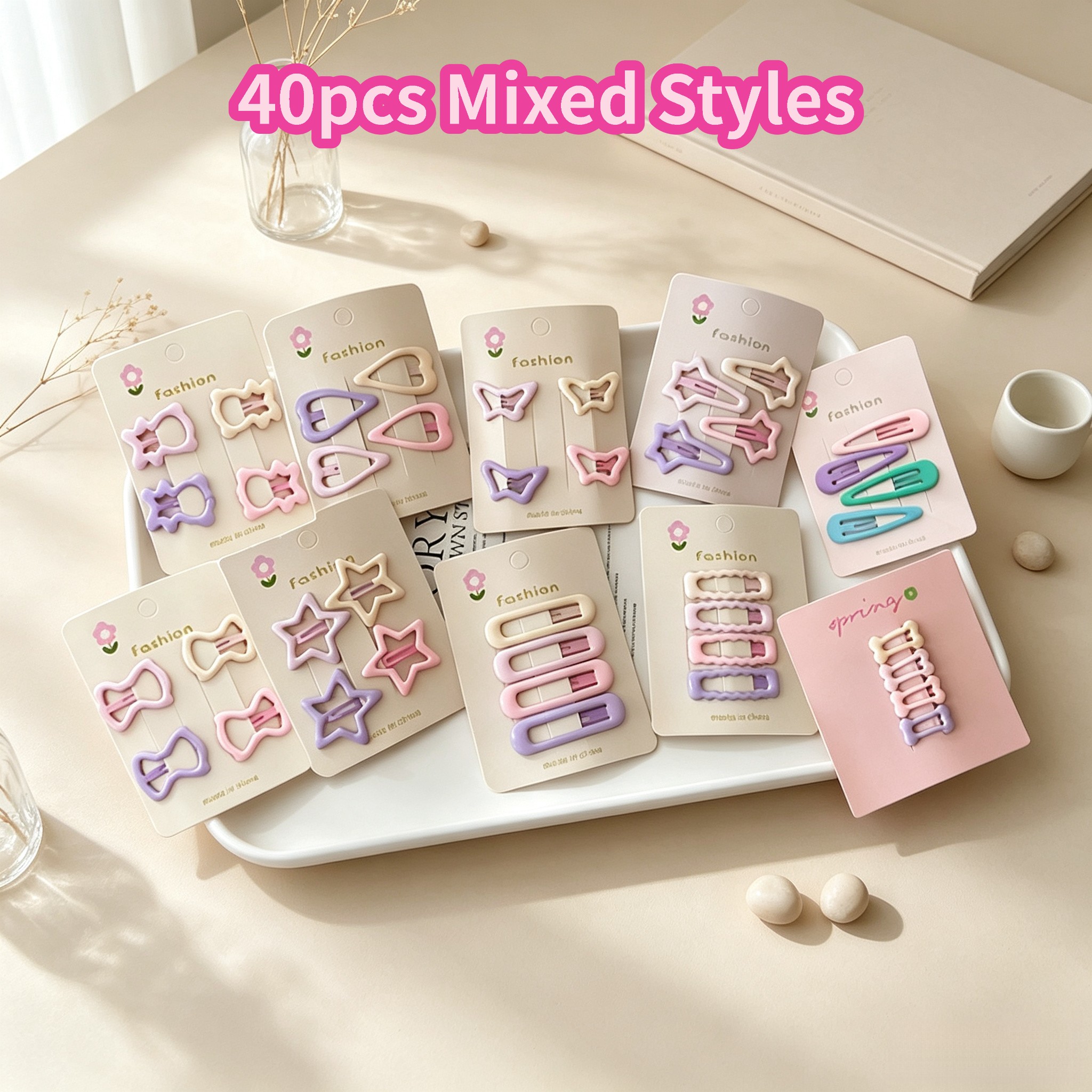 TEMU 40pcs Adorable Cherry -themed Hair Clips: Featuring Various Designs Such As Stars, Pandas, Butterflies, And Hearts. Perfect For Casual Autumn