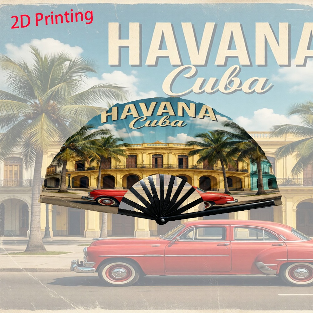 TEMU 1pc Cuba Vintage Scene Theme Folding Fan - Wedding Party Decoration, Home Decoration Gift, With Vivid Printed Patterns, Portable And Durable For