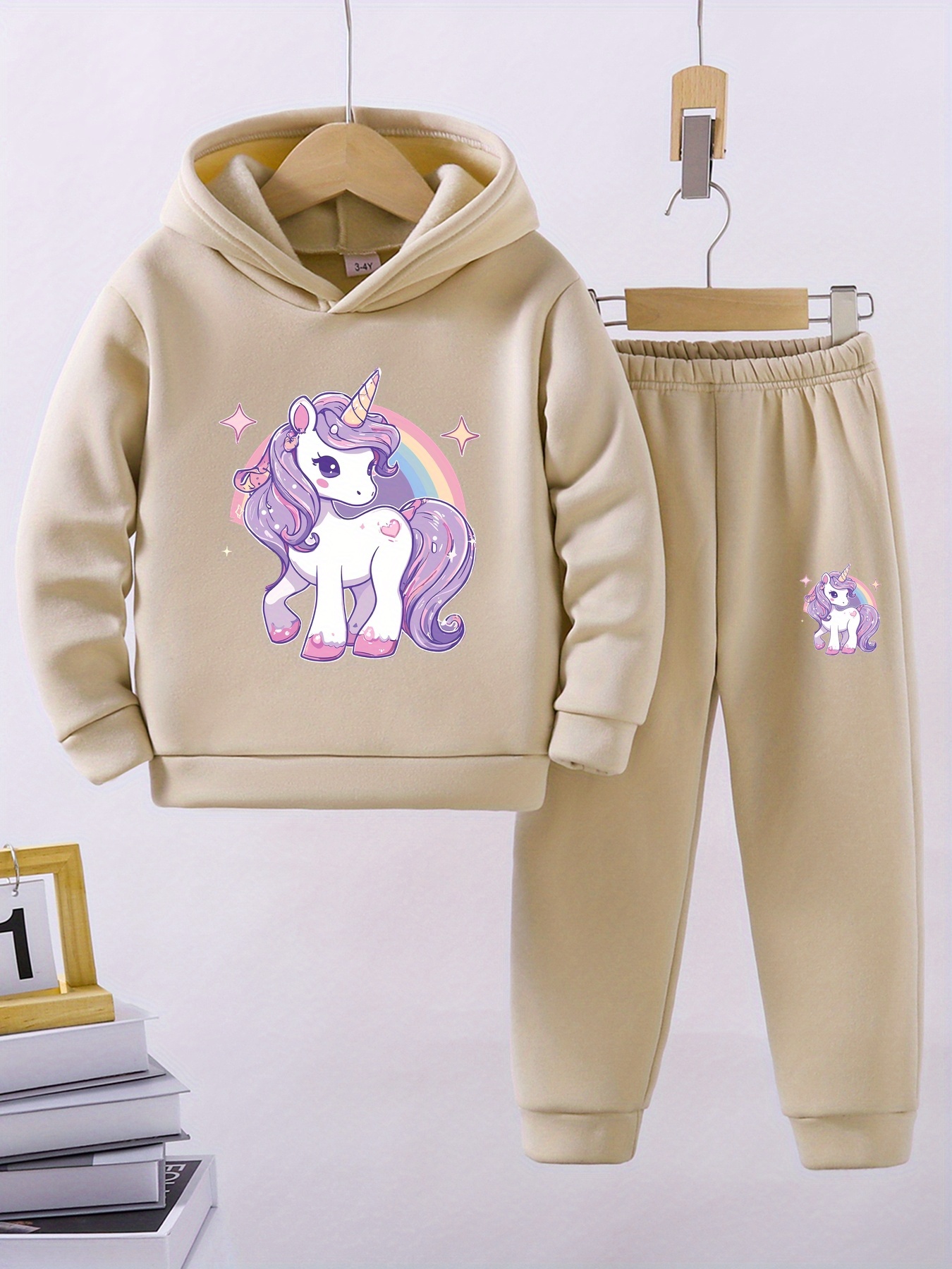 Girls' Unicorn Pattern Long-Sleeve Hoodie and Pants Set
