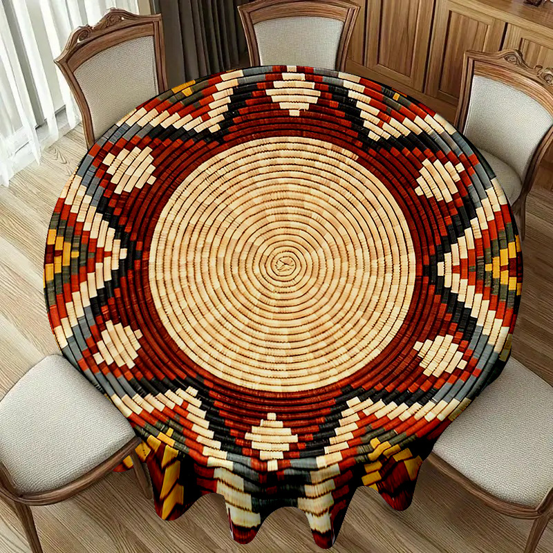 TEMU A Polyester Tablecloth Featuring A Round Geometric Pattern With Vibrant Colors Including Red, Beige, Blue, And Yellow. The Design Showcases