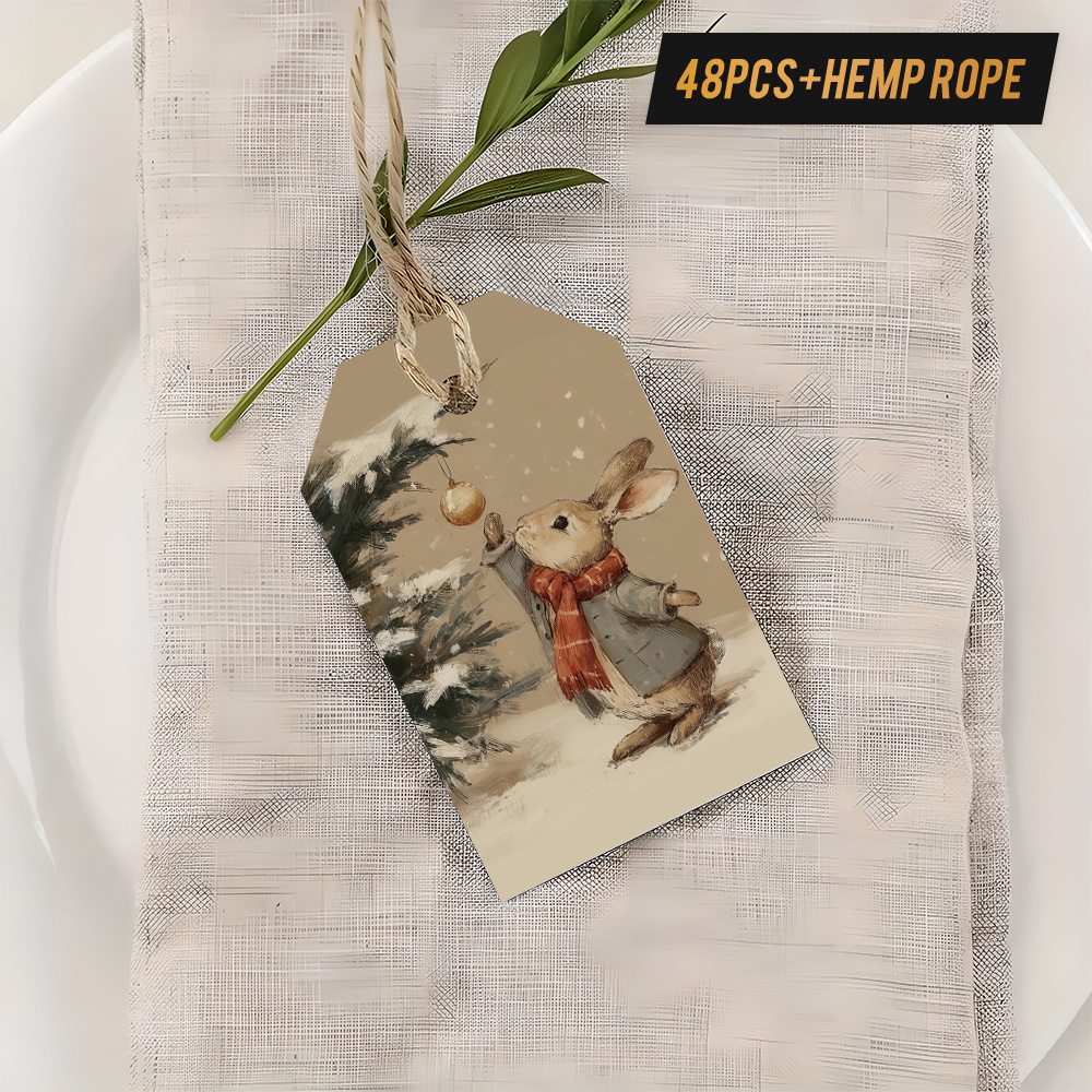 TEMU 48 Christmas Gift Tags, Rabbit And Tree Decorations - Warm Watercolor Style Twine Bag, English Phrases (merry Christmas), Holiday Wrapping Paper