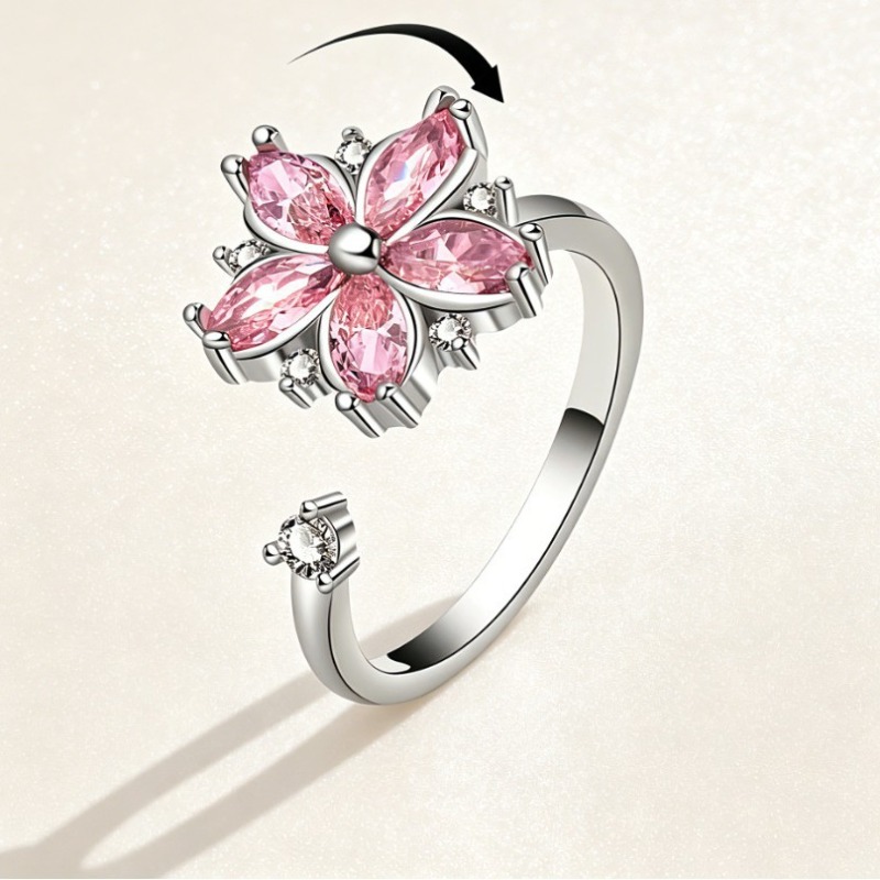 TEMU Anillo giratorio de plateado, banda de cobre con incrustaciones de circonita sintética rosa, joyería para mujer para y fiestas