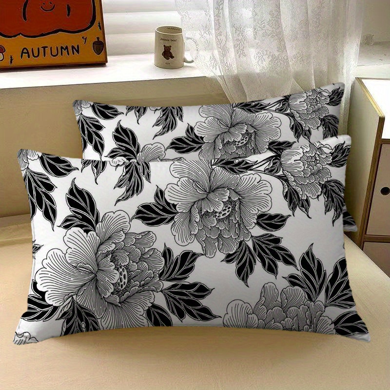 TEMU 2pcs 2d Flat Printing Zippered Cushion Covers Suitable For Home & Porch, Contemporary Black And White Floral & Suitable For Farmhouse Decor,